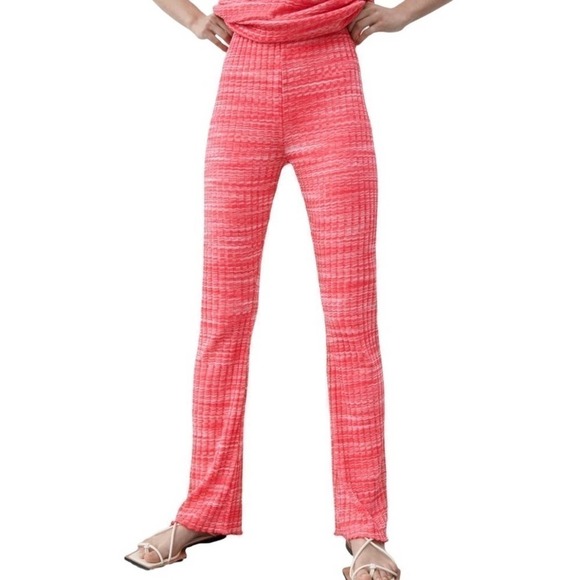 ZARA Pink Ribbed High Rise Flare Pull On Pants Size Medium - Picture 2 of 10